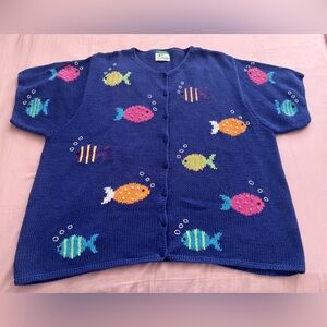 Quacker Factory Blue Cardigan with Colorful Fish Design